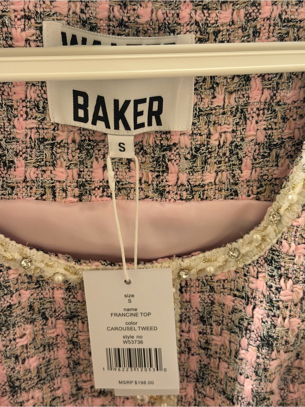 Bakers Pink Tweed Top with Pearl & Rhinestone Trim